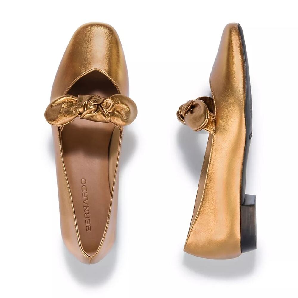 NIB Bernardo Bronze Metallic Emersyn Leather Bow Flats